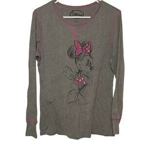 Disney Minnie Mouse Gray Pink Graphic Long Sleeve Top Womens Large